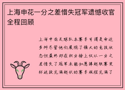 上海申花一分之差惜失冠军遗憾收官全程回顾 上海申花一分之差惜失冠军遗憾收官全程回顾